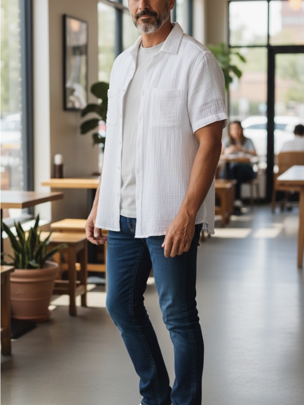 Express Men's White Short-Sleeve Button-Down Shirt